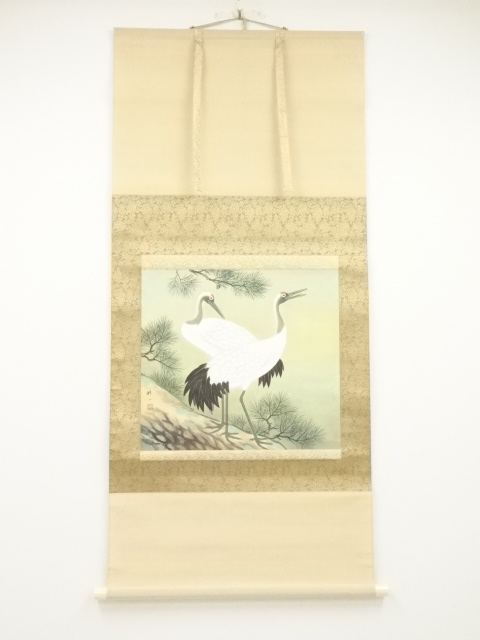 JAPANESE HANGING SCROLL / HAND PAINTED / PAIRED CRANES